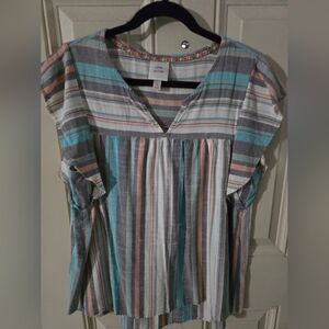 Knox Rose Blue and Gray Ruffled Short Sleeve Blouse
